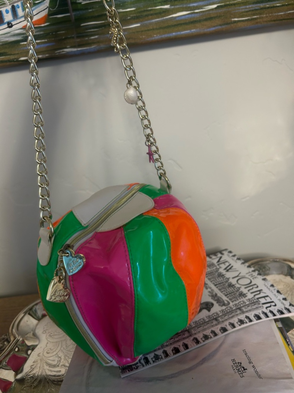 Betsey Johnson Novelty Beach ball purse in pink orange and green. - Picture 2 of 9